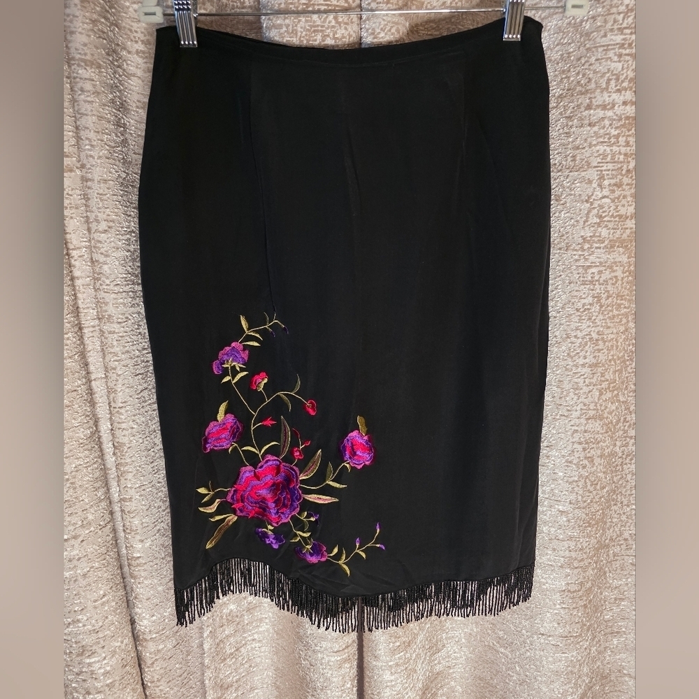 Clio Black Pencil Skirt with Vibrant Floral Embroidery And Fringe